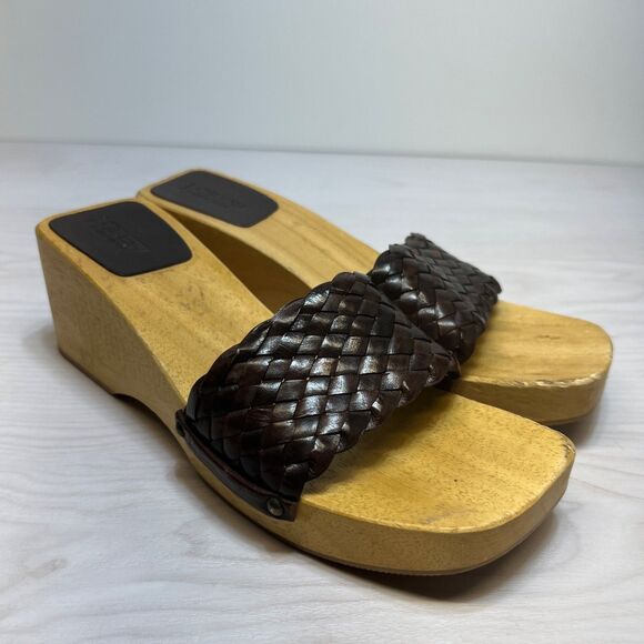 Vtg J Crew Wood Platform Sandals Womens Size 9  Brown Leather Slide Clogs Chunky - Picture 1 of 13